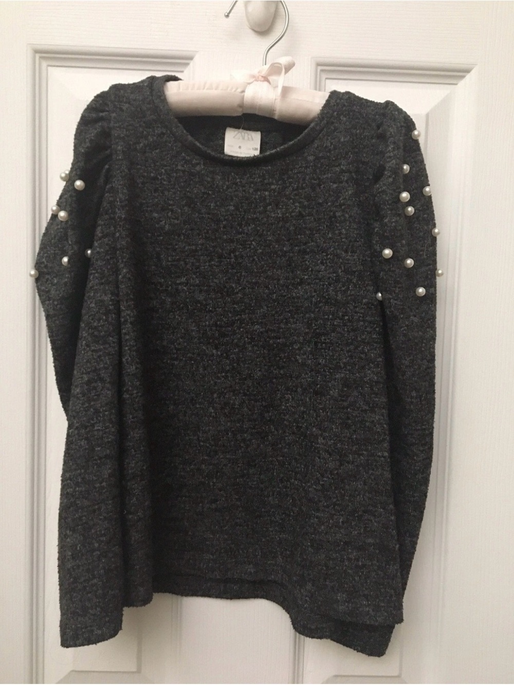 Zara Girls Gray Sweater Pearls On Sleeves Size 8 Cm 128
